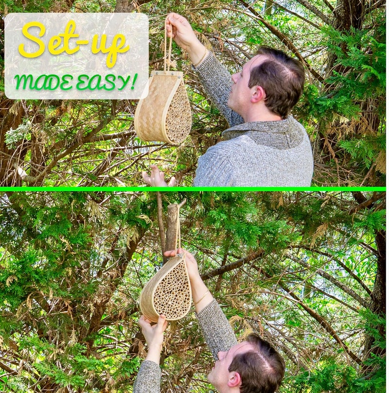 Made Easy Kit Bee House – Attracts Mason & Leafcutter Bees – Natural Bamboo Pollinator Habitat with Jute Rope – Hotel for Garden & Backyard – Eco-Friendly Insect Shelter (Honey Droplet, Large) - Image 4